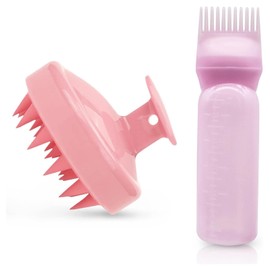 Root Comb Applicator Bottle, equipped with scalp massager, shampoo brush, and scale, suitable for salon hair dyeing and DIY use at home(Pink)