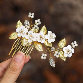Ushiny Flower Bridal Wedding Hair Comb Pearl Headpiece Leaf Hair Side Comb for Women and Girls