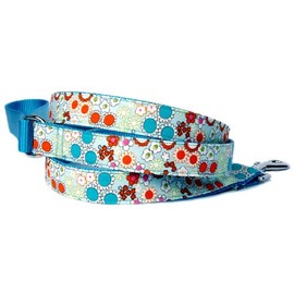 Flower print dog leash : Retro turquoise blue & orange floral print cotton 100% fabric & nylon back and handle ribbon pet leash for puppy, toy dog, teacup dog & small dog Hand crafted & made in the U.S.A. 5/8 inch, 6ft.