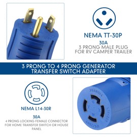 Kanayu Generator Transfer Switch Adapter Compatible with NEMA TT-30P Male to L14-30R Female, 30 Amp 3 Prong to 4 Prong Lock RV Generator Plug Adapter to House Inlet Box (Blue)