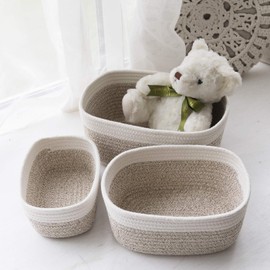 LA JOLIE MUSE Storage Baskets, Cotton Rope Woven Bathroom Storage Basket Set of 3, Small Basket Box Organizer Bins With Handles