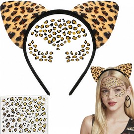 LIONSOUL Leopard Cheetah Ears Headband with Temporary Tattoo for Women Girls, Halloween Leopard Ears Costume, Cheetah Print Headband Christmas Birthday Decorations Supplies