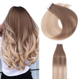Silk-co Tape Extensions Real Hair 30 cm, Hair Extensions 20 Pieces Tape-In Extensions Real Hair, Remy Hair Extensions Glue Skin Weft Tape Ins, 50 g Chestnut Brown to Grey Blonde Highlight Platinum