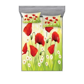 Ambesonne Poppy Flower Fitted Sheet & Pillow Sham Set, Spring Environment with Poppies and Daisies on Grass Flourishing Nature, Decorative Printed 3 Piece Bedding Decor Set, Queen, Green Red