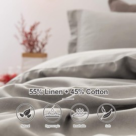 BISELINA Linen Duvet Cover Set 3pcs French Vintage Crocheted Lace Flax Cotton Blend Solid Color Shabby Chic Boho Luxury Farmhouse Bedding (Queen, Lace Grey)