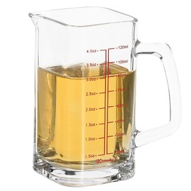 PATIKIL Glas-Messbecher mit Griff, 120 ml, Flüssigkeitsmessbecher aus Glas mit V-förmigem Ausguss und 2 Skalen für Küche, Restaurant, transparent/rot