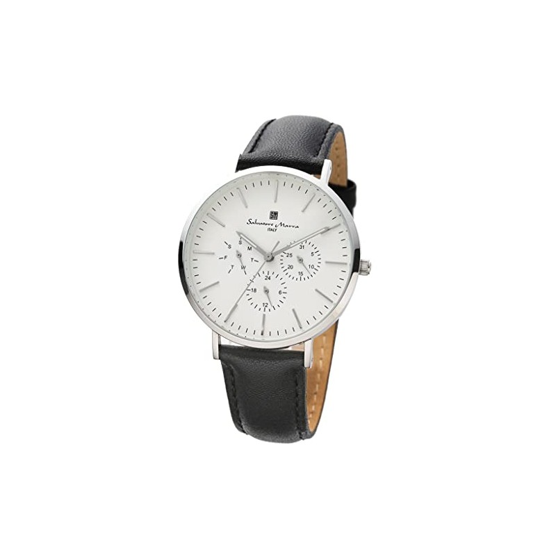 Genuine SalvatoreMarra SM22102-SSWH Wristwatch, Waterproof, Date Display, Leather Strap, SSWH,