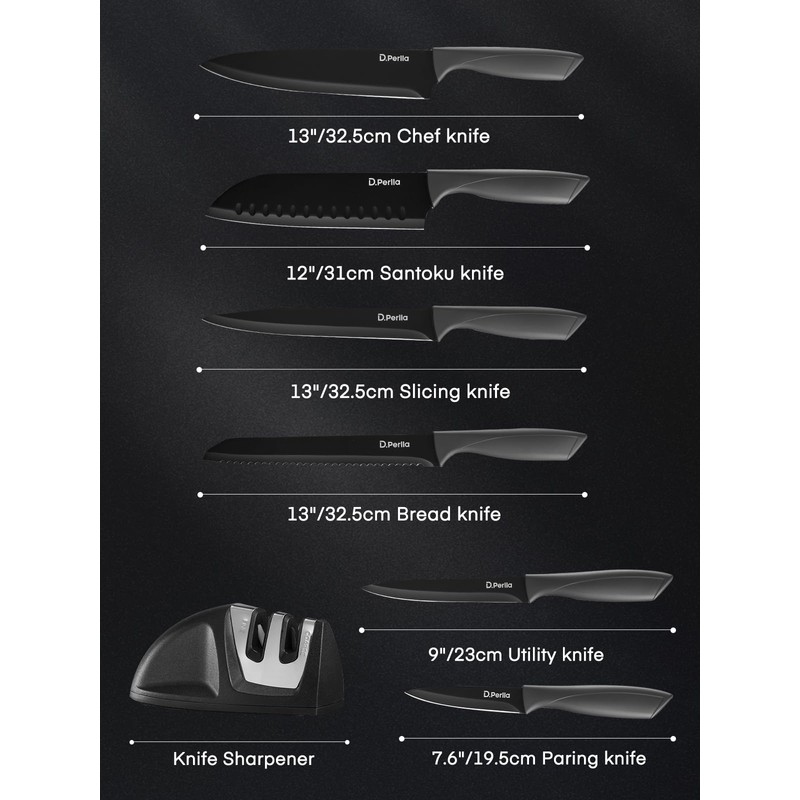 D.Perlla Black Knife Set with Sharpener 7 Pieces Stainless Steel