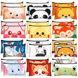 Dispowreath 24 Pcs Cartoon Zipper Pencil Case Pouch Bulk Cute Cartoon Animal Pen Bags Multicolored Cat Panda Chick Shark Pencil Cases Kawaii Canvas Pen Boxes for Boys Girls Students Classroom School