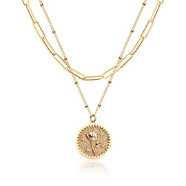 Dremmy Studios Birth Month Flower Pendant Necklace 18K Gold Plated Dainty Simple Month Birth Floral Disc Pendant Engrave Coin Necklace Minimalist Jewelry