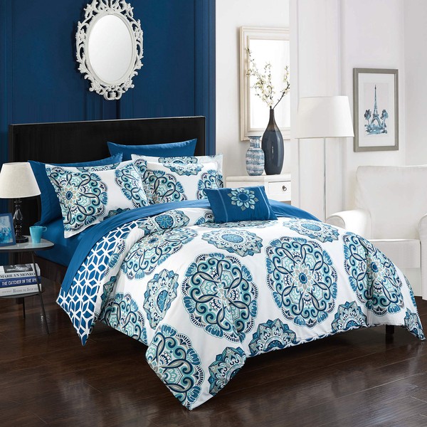 Chic Home Barcelona (8 Piece) Reversible Comforter Set, King, Blue