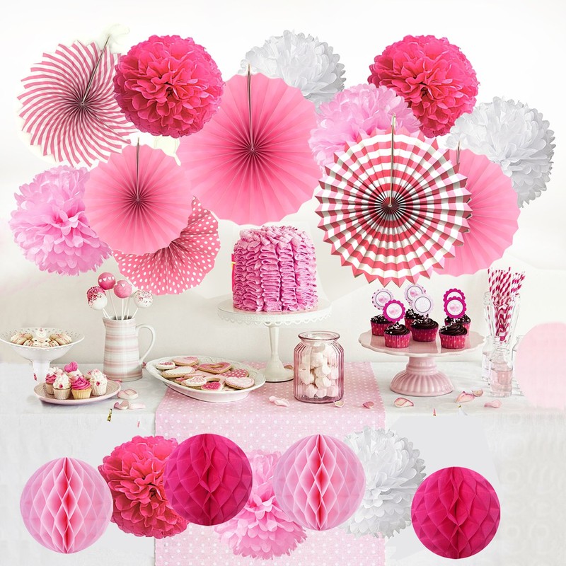 Hanging Paper Fan Set, ZERODECO Tissue Paper Pom Poms Flower
