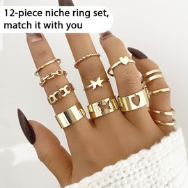 SJBAUTYO 12 Pieces Rings Women Gold Adjustable Rings Set Gold-Plated Thumb Ring Finger Ring Simple Band Ring Stackable Open Rings Women's Gold Ring for Women Girls