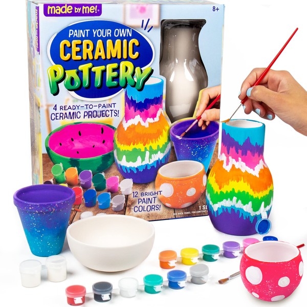 Made By Me Paint Your Own Ceramic Pottery, Fun Ceramic Painting Kit for Kids, Paint Your Own Ceramic Pottery Dish, Flower Pot, Vase & Bowl, Great Staycation Activity for Kids Ages 6, 7, 8, 9, Multi