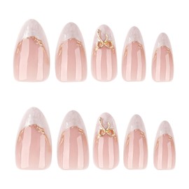 French Tip Press on Nails Medium Almond Fake Nails with Designs Gold Bow Glue on Nail White Acrylic False Nail Reusable Artificial Nail Press ons Glossy Full Cover Stick on Nails for Women