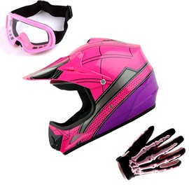 WOW Youth Motocross Helmet BMX MX ATV Dirt Bike Helmet Spider Pink + Goggles + Skeleton Pink Glove Bundle