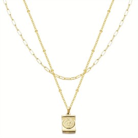 Elegant Women Necklace Stainless Steel 14K Gold Multi-layer Jesus Double Sided Cross Necklace with Adjustable Chain JewelryColor: Gold