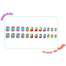 IMRAIN Short Square Press on Nails Colorful Ombre Fake Nails with Designs Cute Rainbow Color Gradient Glue on Nails Full Cover Glossy Acrylic Nail Supplies Summer False Nails Stick on Nails