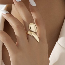 Enautoabs Minimalist Chunky Gold-Plated Open Ring Adjustable Dome Tear Rings Metal Twisted Wrap Finger Ring Geometric Statement Rings Jewellery for Women, Zinc, No Gemstone