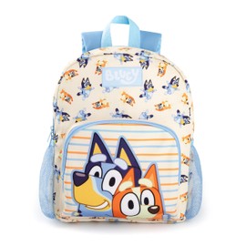 Bluey Kids Backpack | Unisex Rucksack with Bandit & Chilli Character All Over Print in Beige | Childrens Mini Bag with Adjustable Straps and Mesh Water Bottle Pockets | TV Series Character Merchandise