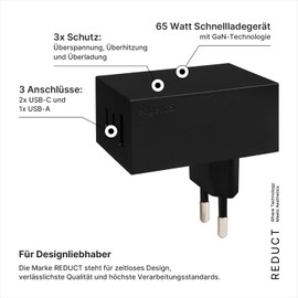 Reduct® Edge.65 USB Charger, 65 W, Fast Charger, Multiple USB Ports (2 x USB-C + 1 x USB-A), Certified and Manufactured to the Highest Standards (Black/Black)