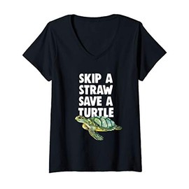 Womens Skip A Straw Save A Turtle V-Neck T-Shirt