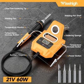 Portable 20V Max soldering station: 212-932°F adjustable temp, fast heat, digital display. 6 tips, clamp for DIY repairs (no battery). Compact plastic tool.