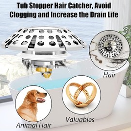 Anlige Bathtub Drain Stopper, Pop Up Tub Stopper with Drain Hair Catcher, Bathtub Plug and Cover with Strainer, Universal for 1.5 to 2in Tub Drain Hole