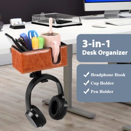 Aurynns Desk Cup Holder Clip on Pen Holder Headphone Hanger Headset Stand Rotatable Clamp Hook Under Desk (Light Brown)