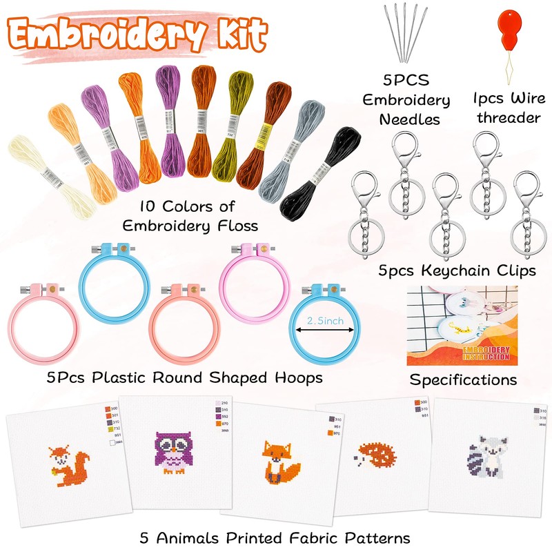 WATINC 5Pcs Embroidery Kit for Kids Stamped Cross Stitch DIY