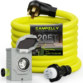 Campzlly 50 Amp Generator Cord 20FT and Power Inlet Box, NEMA 14-50P Male to SS2-50R 125/250V Twist Lock Connector with Pre-Drilled NEMA SS2-50P Generator Inlet Box for Generator to House, ETL Listed