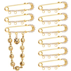 Framendino, 8 Pack Rhinestone Safety Pin with 3 Loops for DIY Crafts Jewelry Making Gold