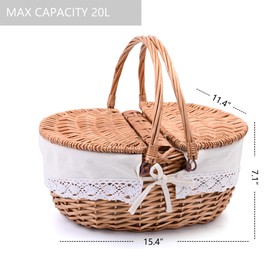 Large 15.4" Wicker Picnic Basket with Removable Liner Empty Picnic Baskets with Lid, Picnic Hamper with Foldable Handles for Picnic, Natural Color, Large