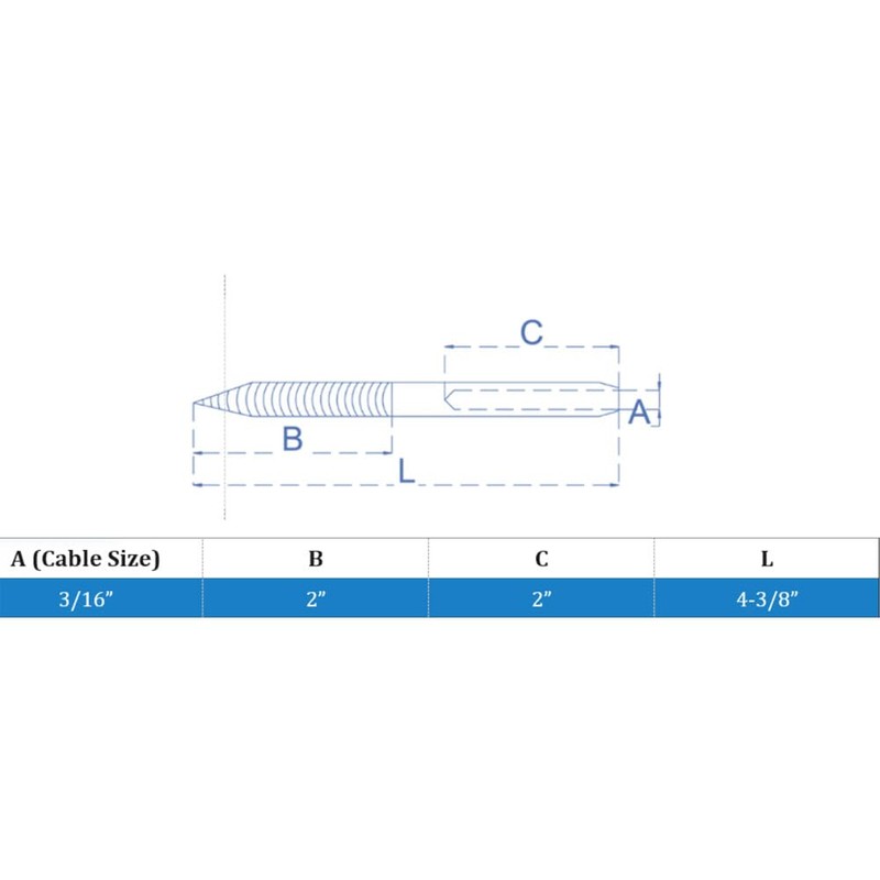 Black Oxide 3/16" Hand Swage Lag Stud for 3/16" Cable