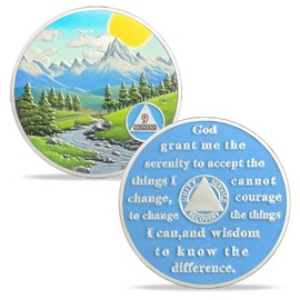 IELCJJ 9 Month Sobriety Coin, Delicate Sunlight Mountains Sobriety Chip Rivers Green Tree AA Coin and Medallions Na Sober Token Narcotics Alcoholics Anonymous Recovery Gifts for Men Women