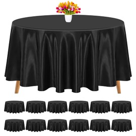 REWOMC 12 Pack 90 Inch Round Tablecloth, Black Satin Fabric Table Cloth for Round Tables, Wrinkle Resistant Washable Table Cover Bright Silk Tables Clothes for Wedding Party Dining Banquet