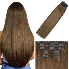 WindTouh Clip in Hair Extensions Real Human Hair Light Brown Hair Extensions 20Inch 75g 7PCS #6 Chestnut Brown Extensions Clip In