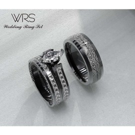 TWO RINGS His Hers Wedding Ring Sets Couples Rings Women's 10k Black Gold Filled White CZ Wedding Engagement Ring Bridal Sets & Men's Titanium Wedding Band