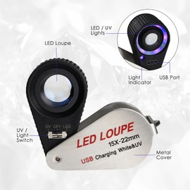 JuviPerpric Loupe Magnifier 15X Rechargeable Mgnifie with LED and UV Light,Foldable Pocket Magnifier Loupe, 22mm Triplet Lens Portable Jewelry Magnifier for Jewelry, Rocks, Coins