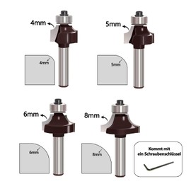 glryd Pack of 4 Rounding Cutter 8 mm Shank, Round Over Cutter Bits, Carbide Radius Cutter with Ball Bearing, Round Cutter, Milling Head for Router 8 mm for Carpentry Chamfering Woodworking Trimming