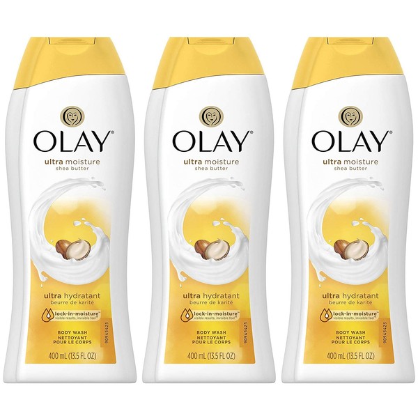 Olay Body Wash - Ultra Moisture Shea Butter - Net Wt. 13.5 FL OZ (400 mL) Per Bottle - Pack of 3 Bottles