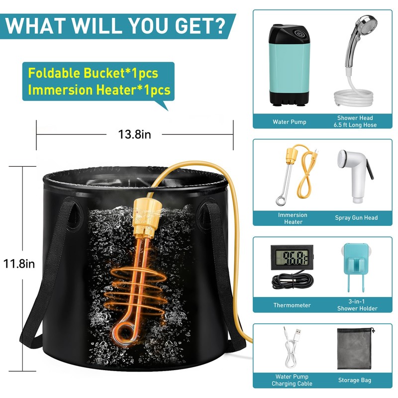 Thallike Portable Hot Shower for Camping, 1000W Immersion Heated, Rechargeable