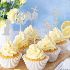 36 Pack First Holy Communion Cupcake Toppers God Bless Cross Baptism Cupcake Picks Baby Shower Baptism Party Decorations Supplies Sliver