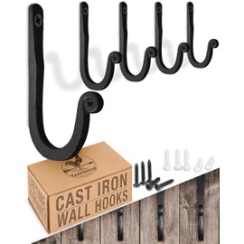 Larger Railroad Spike Cast Iron Hooks (5 Pack) Handmade Blacksmith, Wall Mounted, Farmhouse Decor Cast Iron Wall Hooks, Vintage Hooks for Hanging (Black)