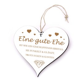 Wooden Heart Sign - Ein gute Ehe ist wie ein Cut Crystal - Love Saying Wedding Anniversary Decoration Church 13 x 12 cm