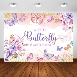 Avezano Baby Shower Backdrop A Little Butterfly is On The Way Backdrops for Girls Pink and Purple Butterflies Baby Shower Party Decorations Watercolor Floral Photo Background for Mother-to-be (7x5ft)