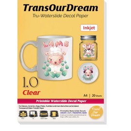 TransOurDream Tru-Waterslide Decal Paper Inkjet Clear 20 Sheets A4 Transparent Water Transfer Paper Printable Waterslide Paper for Tumblers, Mugs, Glasses(W1.0-20)