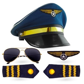 TK Gruppe Timo Klingler Pilot Set Kapitän Fasching Karneval für Herren Kostüm mit Schulterklappen Streifen, Pilotenhut, Pilotenmütze, Abzeichen für Pilotenkostüm