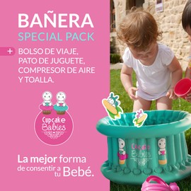 Cupcake Babies Set Especial de Bañera para Bebe Inflable Turquesa | Incluye Toalla, Bolso de Viaje Turquesa, Pato de Juguete y Compresor de Aire | Recién Nacidos hasta 12 Meses | Alberca para Bebe