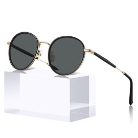 Carfia Polarised Ladies Sunglasses, UV400 Retro Round Glasses, for Leisure, Driving, Golf, Black frame, grey lens